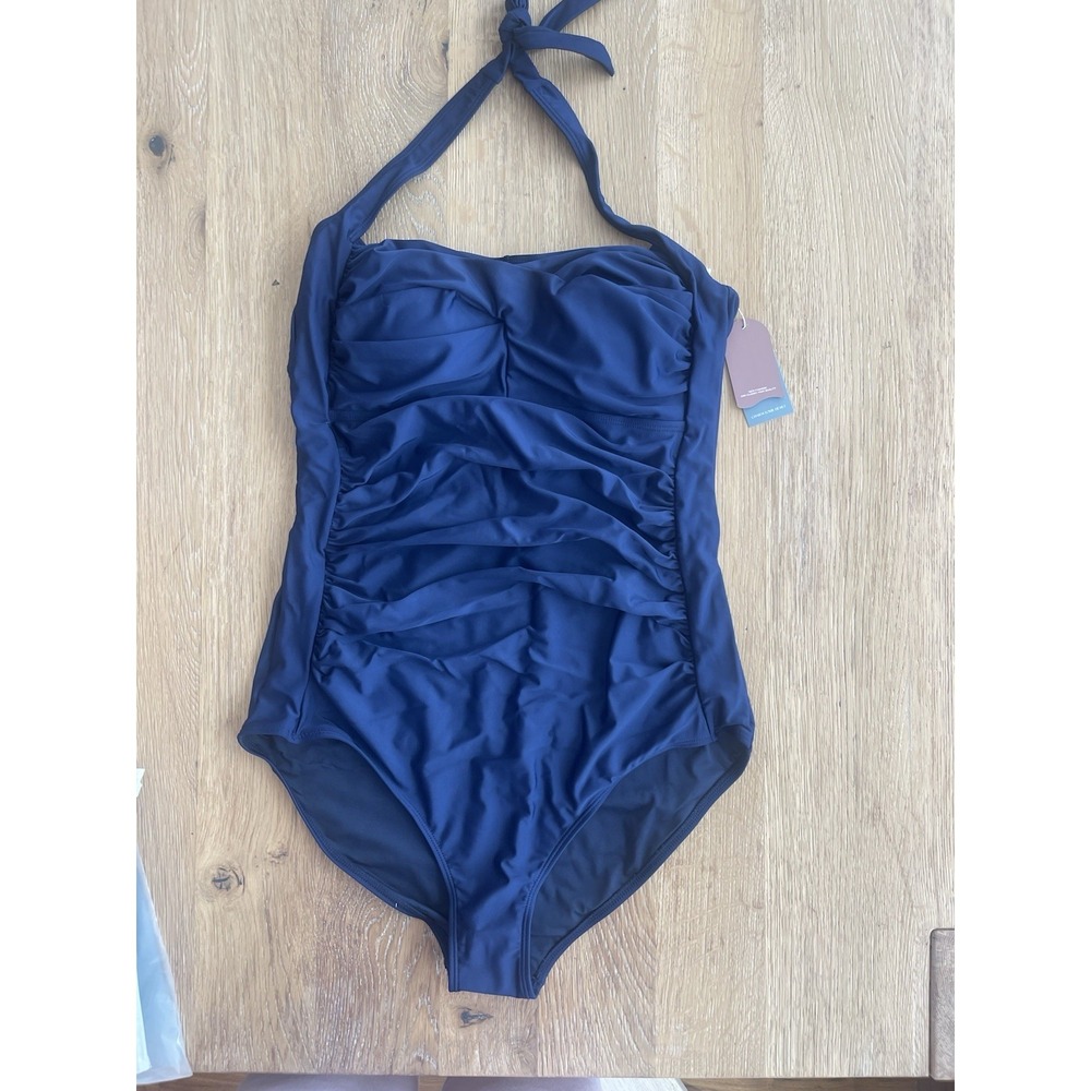Smismivo Blue Ruched Halter One-Piece Swimsuit Mesh Lined D Cup XXL‎